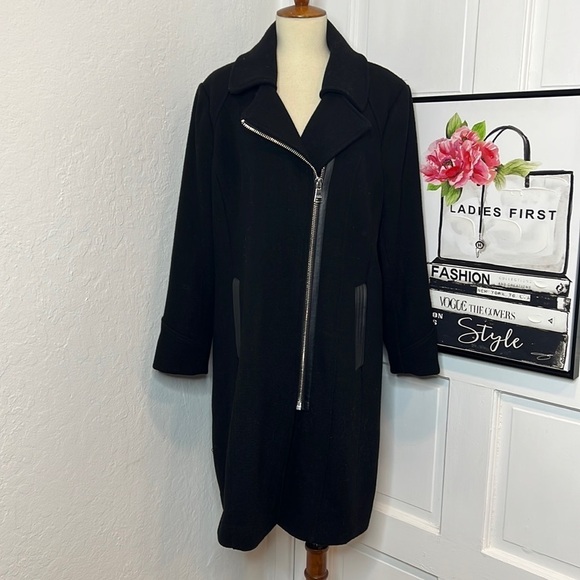 Karl Lagerfeld Black Wool Coat with Faux Leather Details Size L - Picture 1 of 8